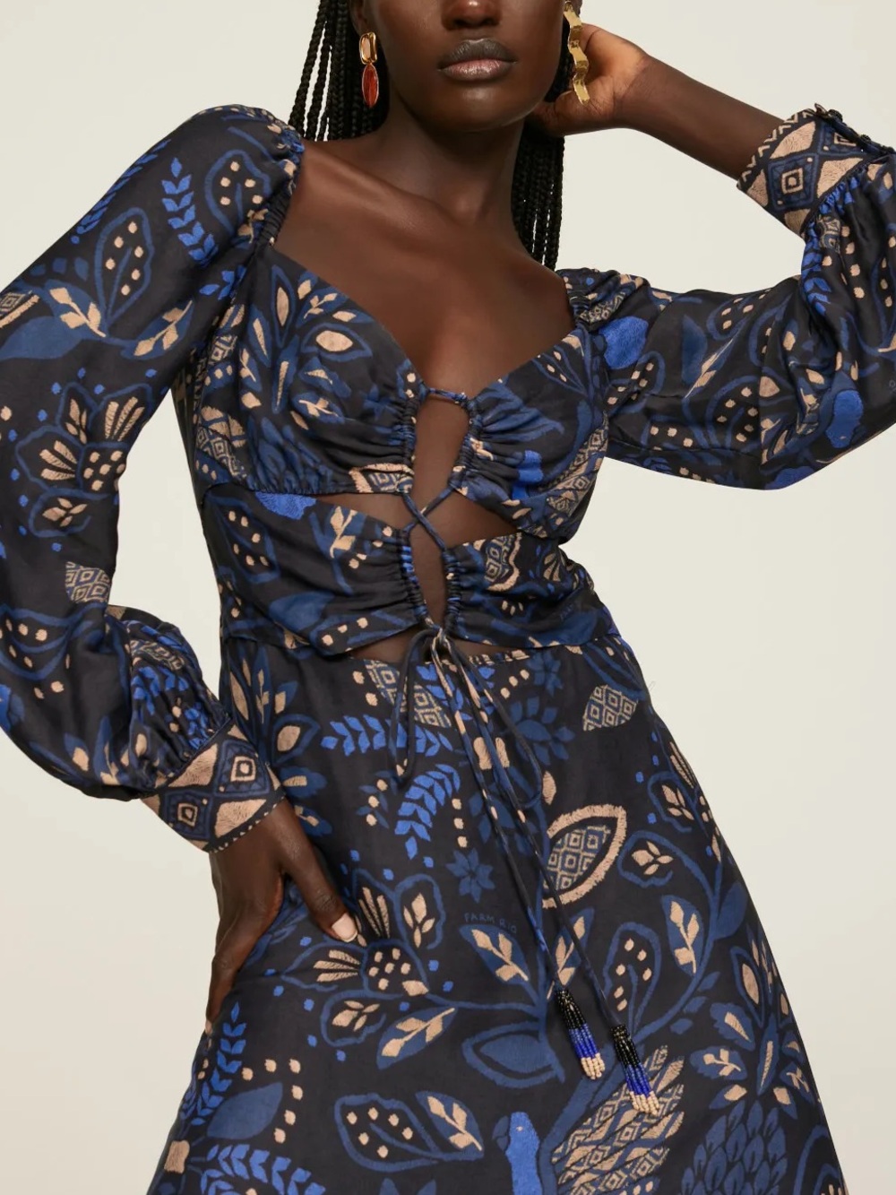 Farm Rio Macaw Forest Midi Blouson Dress Tropical Blue Cut Out Tassel Small